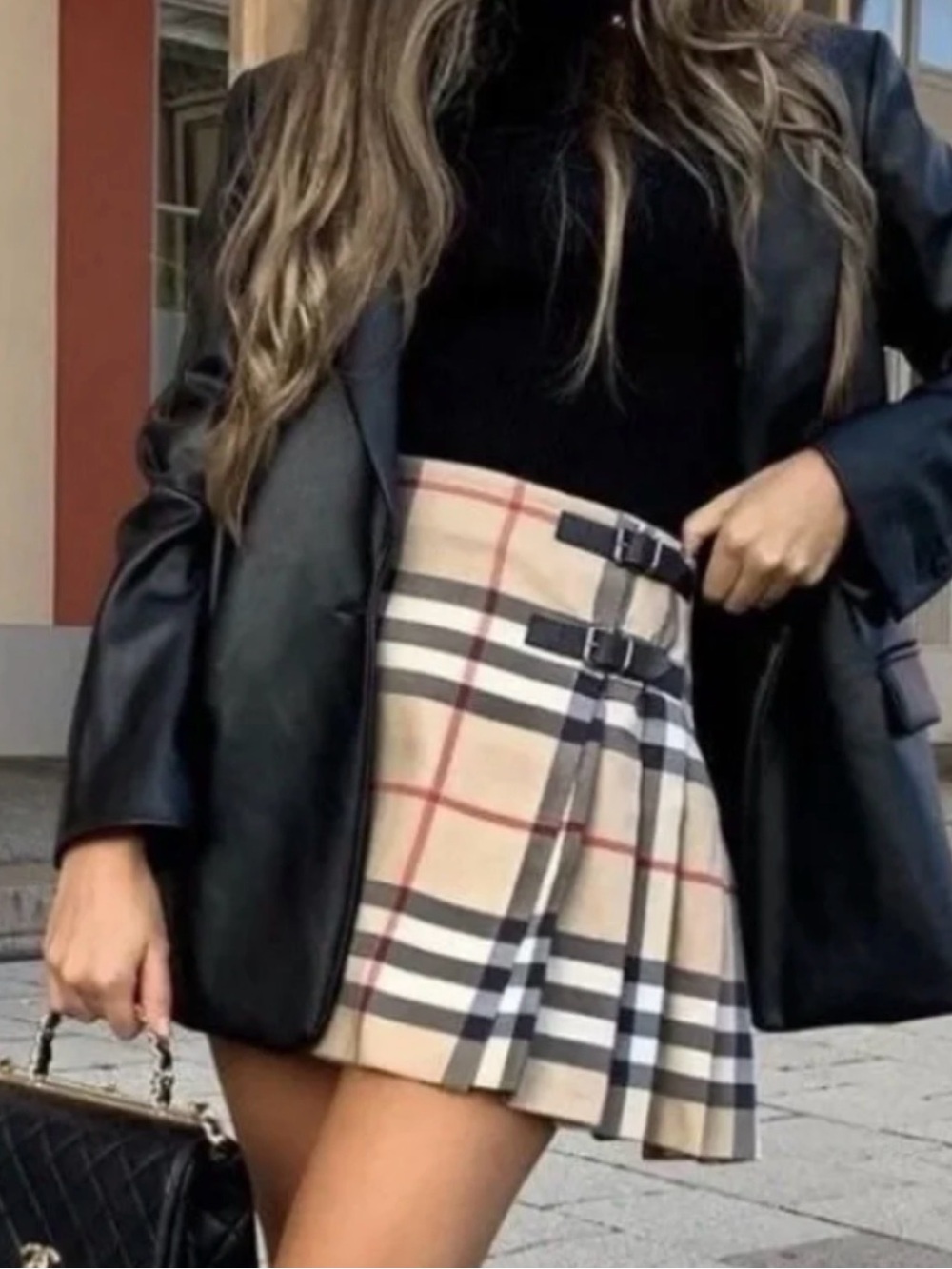 Burberry Beige Plaid Mini Skirt with Buckle Straps